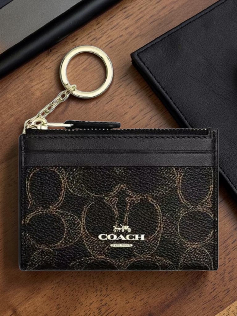 Coach Brown and Black Signature Card Case with Gold Keyring